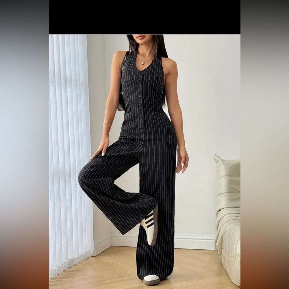 Women’s Black Pinstripe Wide-Leg Jumpsuit.  M-L - Picture 3 of 5